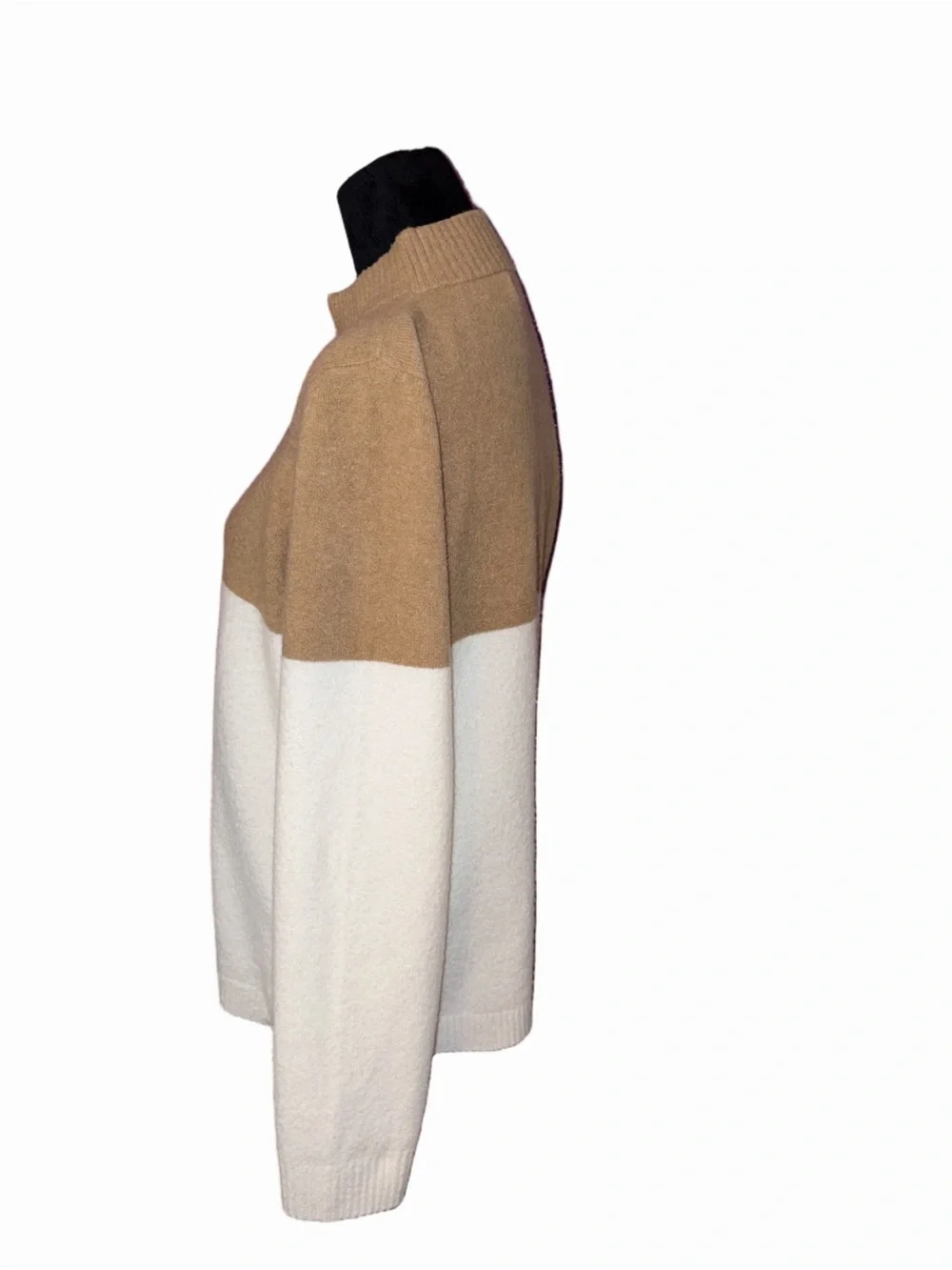 🆕💜J.Crew Colorblock Half Zip Sweater Women’s XL Camel Ivory Mock Neck Wool Blend